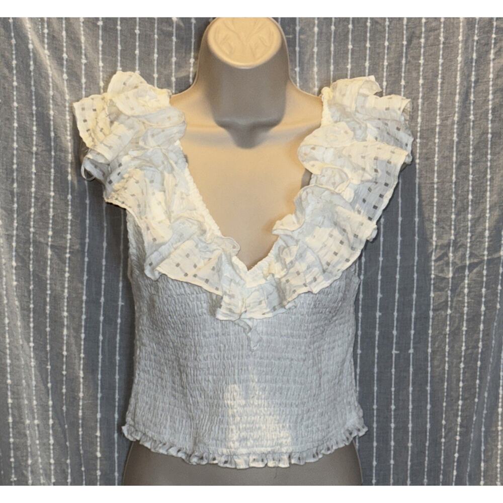 The POST White Ruffle Feminine Beautiful Top With Ruched And Polka Dots. Size L